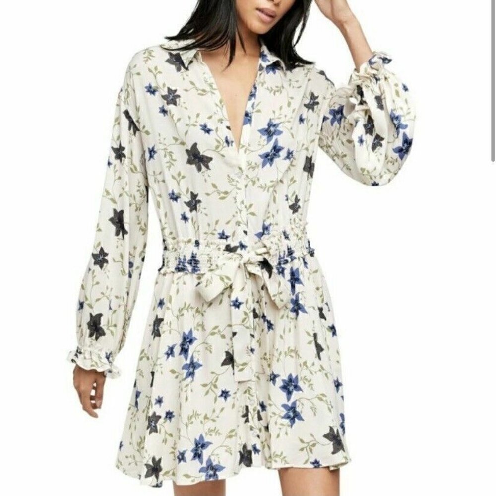Free People Lighten Up White & Blue Floral Long Sleeve Mini Dress L